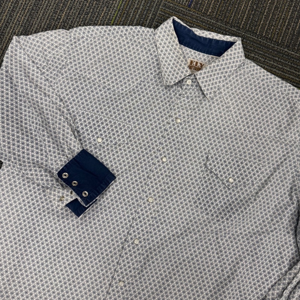ELY Cattleman XXL Long Sleeve Western Shirt‎ White Blue Geometric Print Cowboy